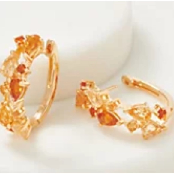 Citrine & Mixed Cut Gemstones Hoop Earrings 14K Goldplated Sterling Silver - Picture 2 of 11